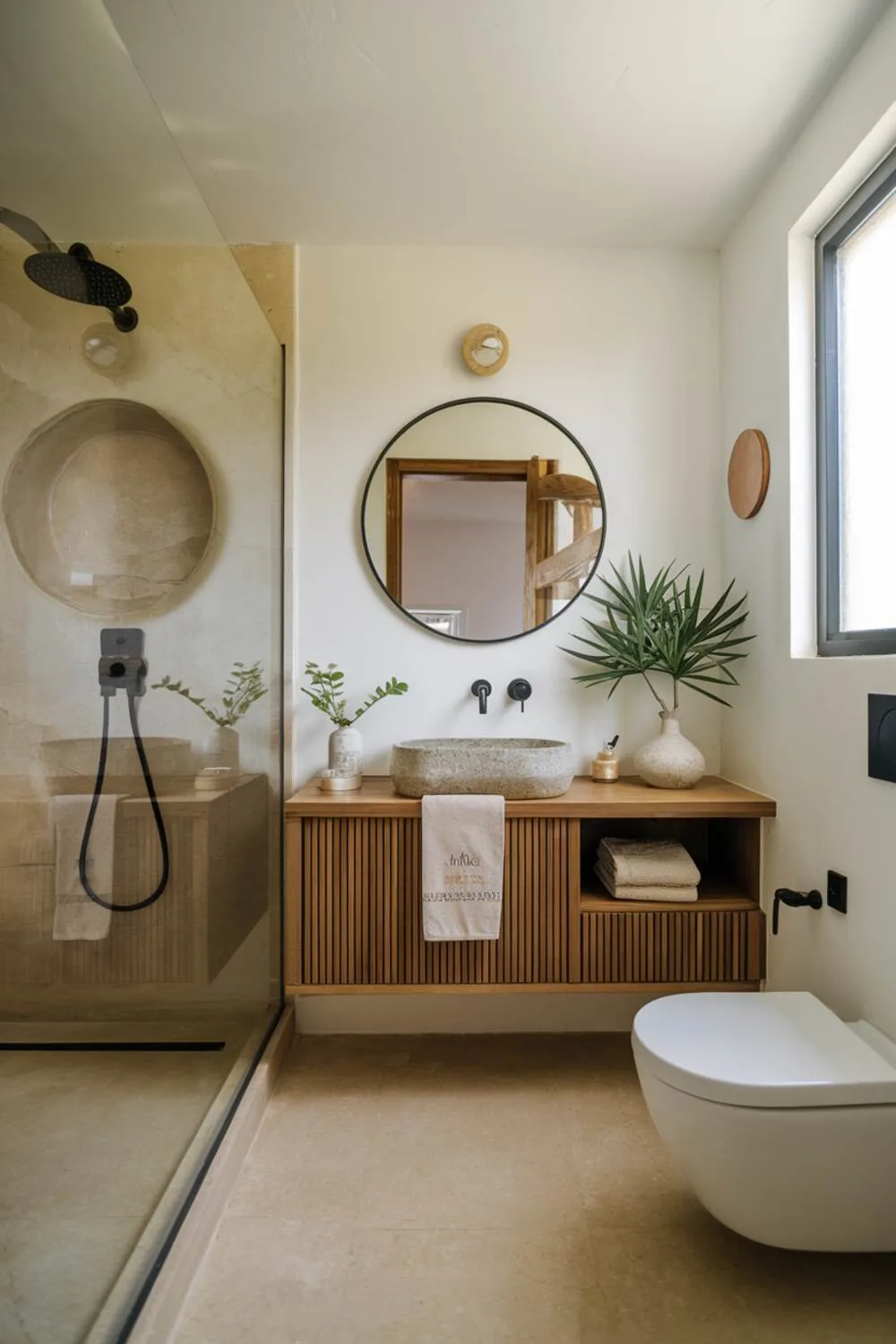 26 Stylish Organic Modern Bathroom Design Ideas 9 A contemporary organic modern bathroom with white walls, floating wooden vanity, round mirror, rainfall showerhead, plant, towel, and soap dish on vanity, and beige tiled floors with natural lighting.