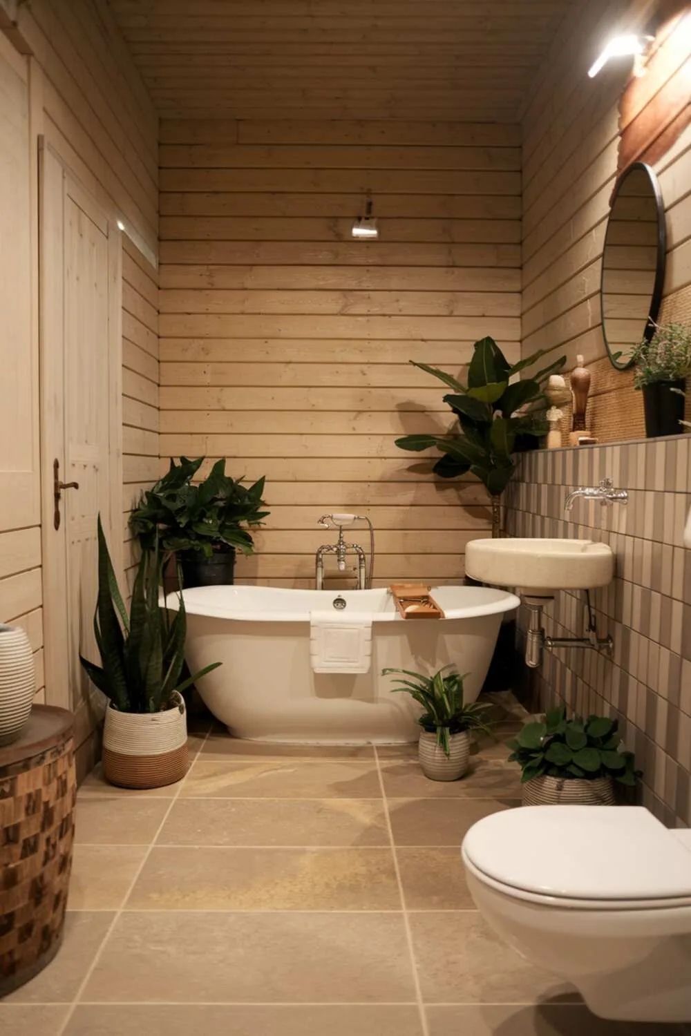26 Stylish Organic Modern Bathroom Design Ideas 10 A warm organic modern bathroom with a central freestanding bathtub surrounded by plants, wall-mounted basin with tap, large beige floor tiles, wooden panel accent wall, doorway, and warm lighting.