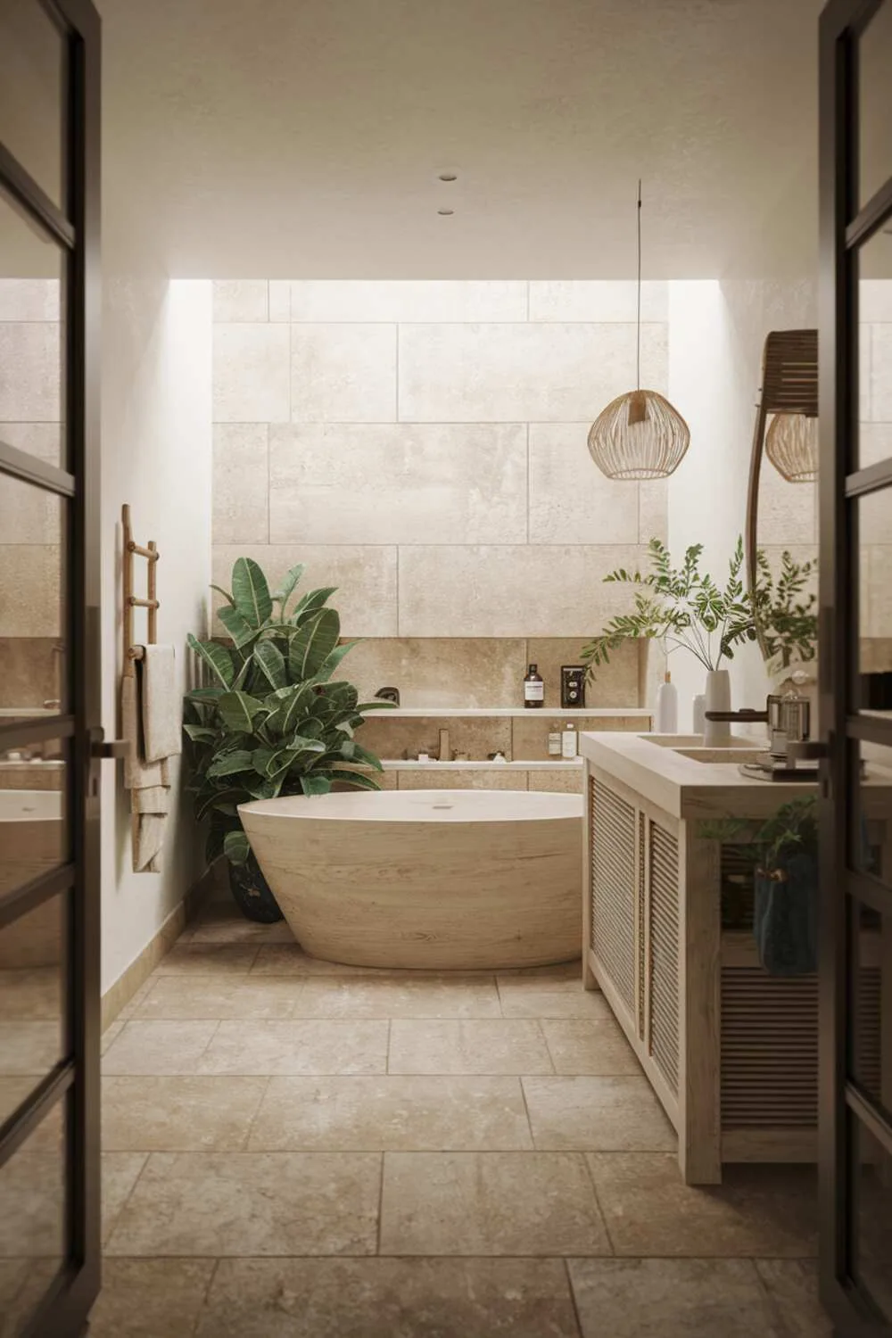 26 Stylish Organic Modern Bathroom Design Ideas 11 A minimalist organic modern bathroom with beige tiled floor, white walls, central white wooden bathtub, white wooden vanity with accessories, green plant near the bathtub, and natural lighting.