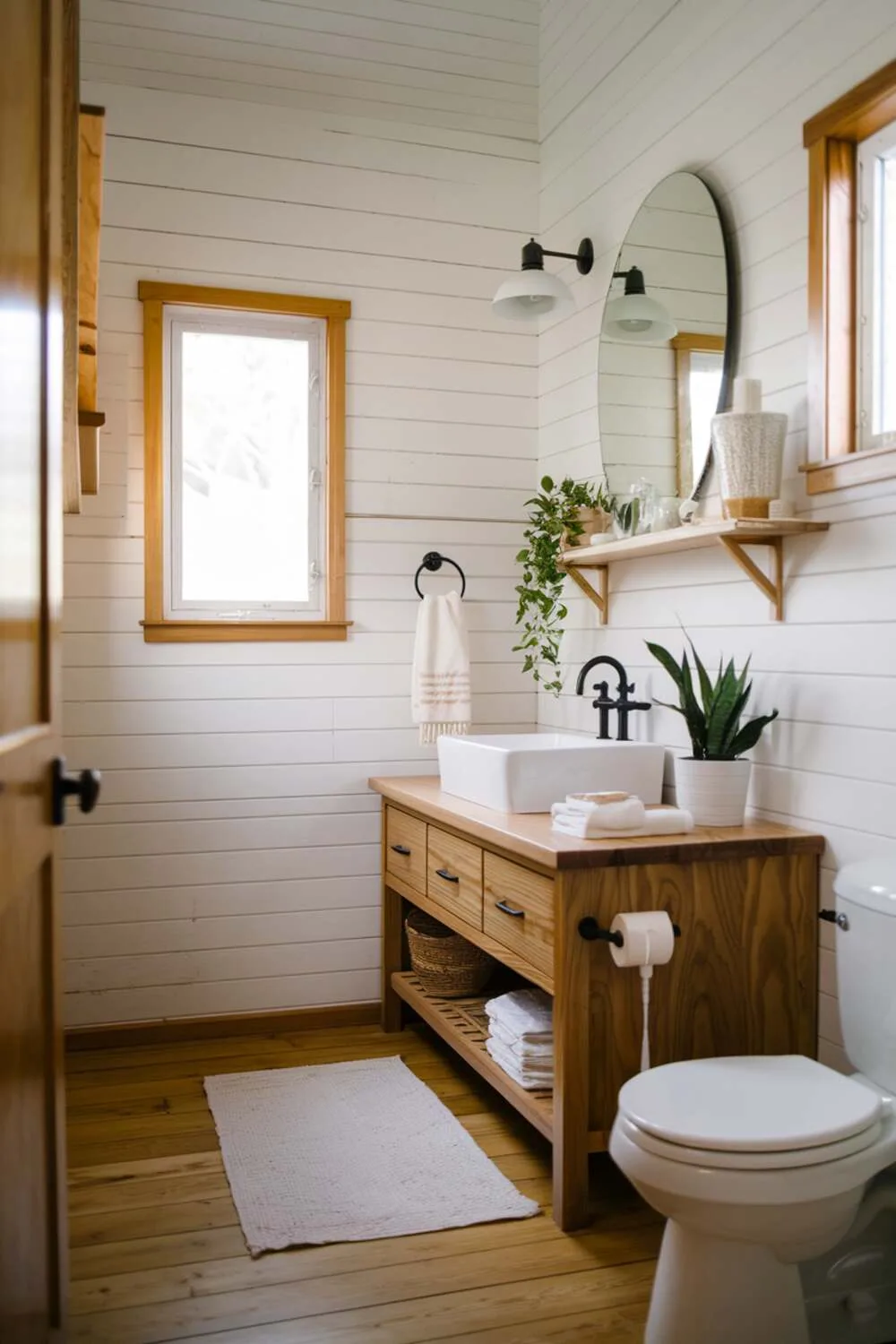26 Stylish Organic Modern Bathroom Design Ideas 12 A warm organic modern bathroom with white walls, wooden floor, wooden vanity with white sink, black faucet, potted plant, wooden shelf with white lamp and decoratives, window with natural light, and white rug.