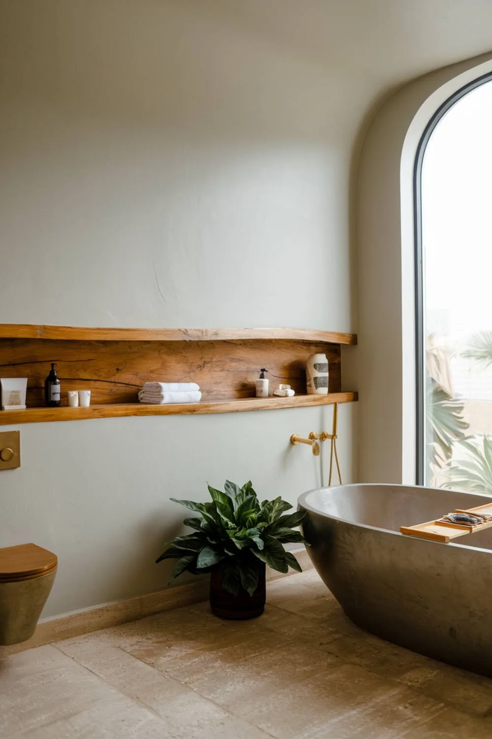 26 Stylish Organic Modern Bathroom Design Ideas 13 A tranquil organic modern bathroom with a freestanding bathtub near a large window, wooden shelf with items, beige tiled floor, light grey walls, and a potted plant near the bathtub.