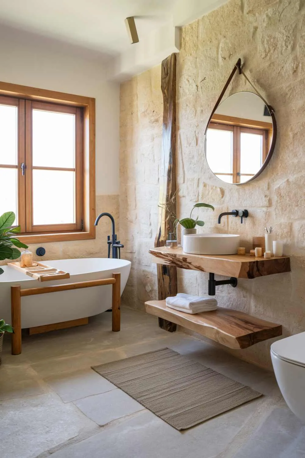26 Stylish Organic Modern Bathroom Design Ideas 14 An elegant organic modern bathroom with a wooden-framed freestanding bathtub, wall-mounted sink with circular mirror, floating wooden shelf, light-colored tile floor, natural stone accent wall, potted plant, and wooden-framed window.