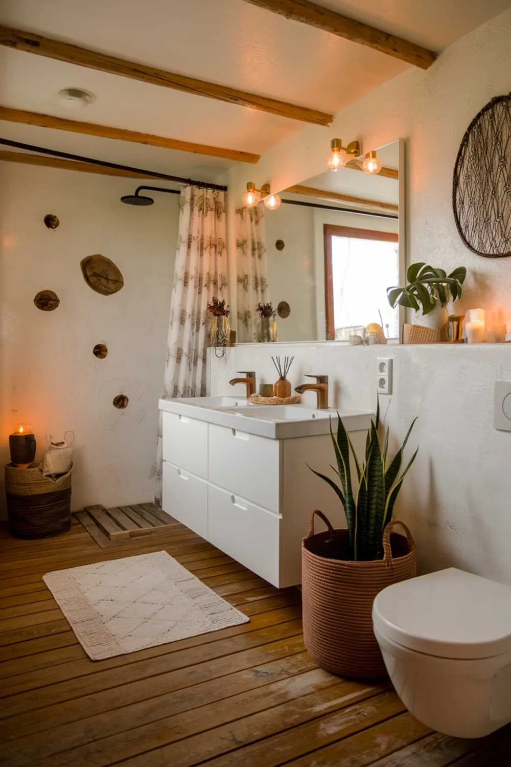 26 Stylish Organic Modern Bathroom Design Ideas 15 A practical organic modern bathroom with a white dual-sink vanity, mirror, brown basket and plant, wooden plank flooring, shower area with curtain, and warm lighting with decorative items like candle and vase.