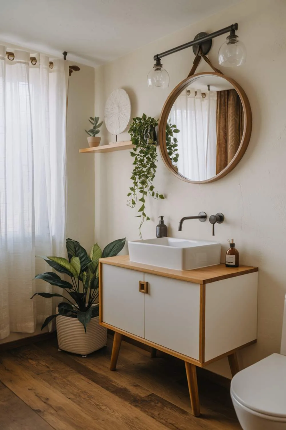 26 Stylish Organic Modern Bathroom Design Ideas 16 A balanced organic modern bathroom with a white square sink on wooden-legged vanity, round wooden-framed mirror, wooden plank floor, potted plant, wall shelf with white decorative object and green plant, and window with white curtains.