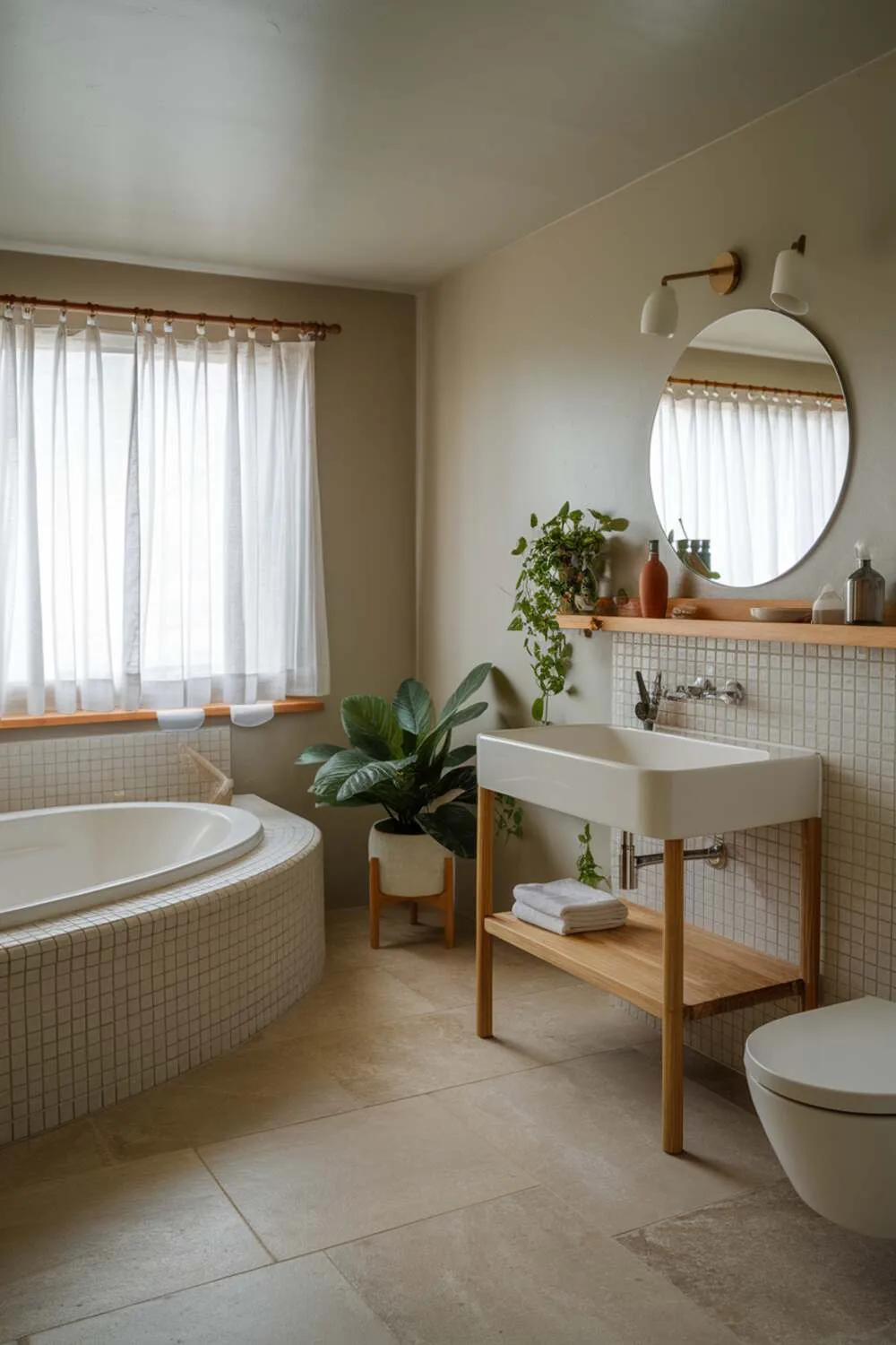 26 Stylish Organic Modern Bathroom Design Ideas 17 A harmonious organic modern bathroom with a white curved-edge bathtub, white sink with wooden base, wooden shelf, large beige tile floor, potted plant, light gray walls, and white-curtained window.