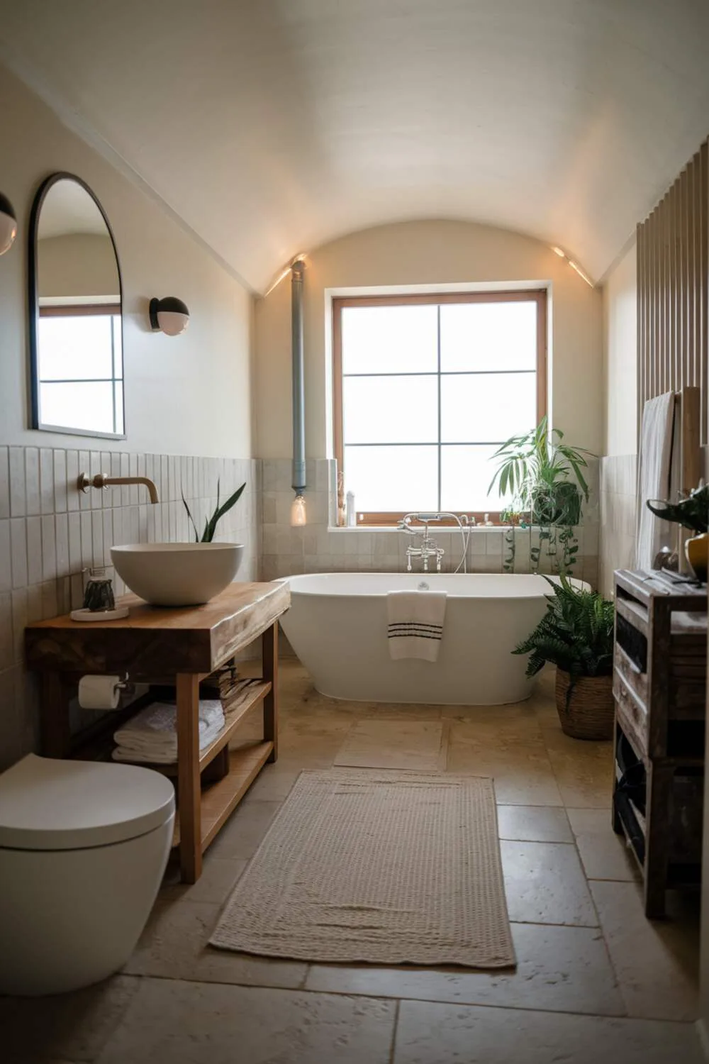 26 Stylish Organic Modern Bathroom Design Ideas 18 A luxurious organic modern bathroom with a white soaking tub near a window, wooden vanity with white bowl sink, wall-mounted faucet, large-format beige tiled floor, potted plant, and soft lighting.