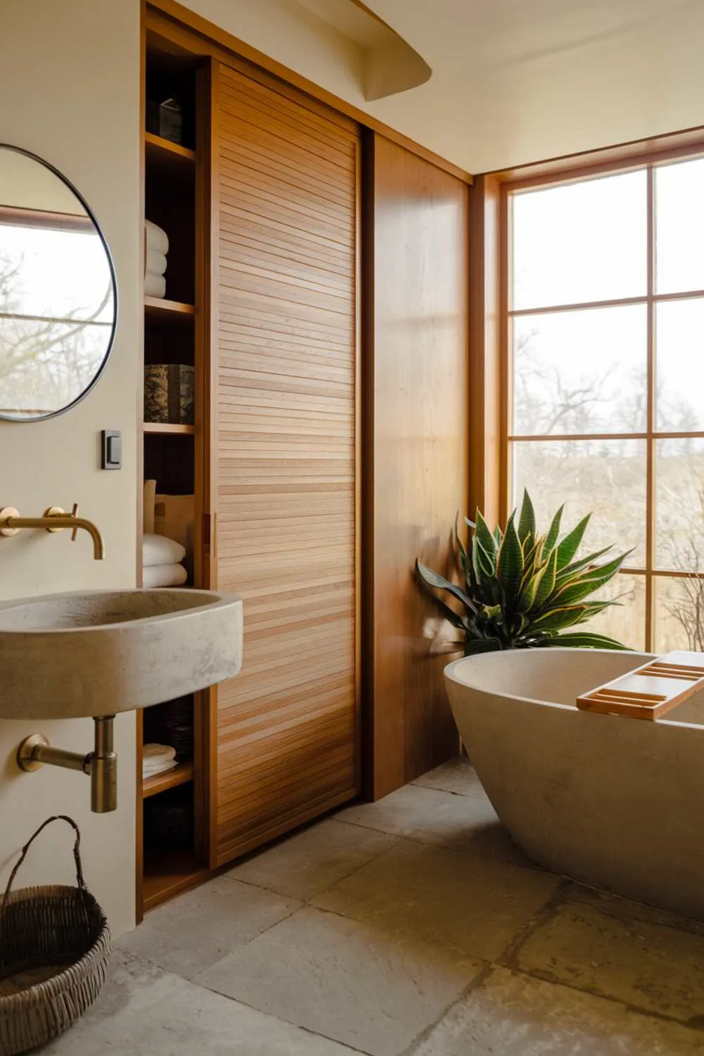 26 Stylish Organic Modern Bathroom Design Ideas 19 A bright organic modern bathroom with a freestanding bathtub near a large window with natural light, wall-mounted sink with brass faucet, sliding door storage cabinet, large-format porcelain tiled floor, potted plant, and warm inviting ambiance.