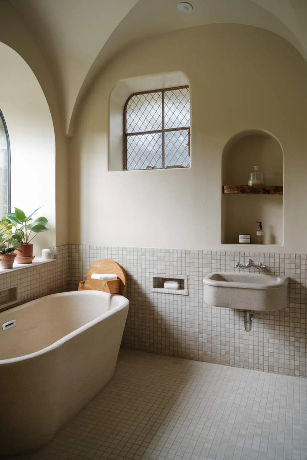 26 Stylish Organic Modern Bathroom Design Ideas 20 A functional organic modern bathroom with a freestanding bathtub with curved backrest, wall-mounted sink and tap, built-in wooden shelf, ceiling window with grating, small beige tiled floor, soft beige walls, and potted plant near window.