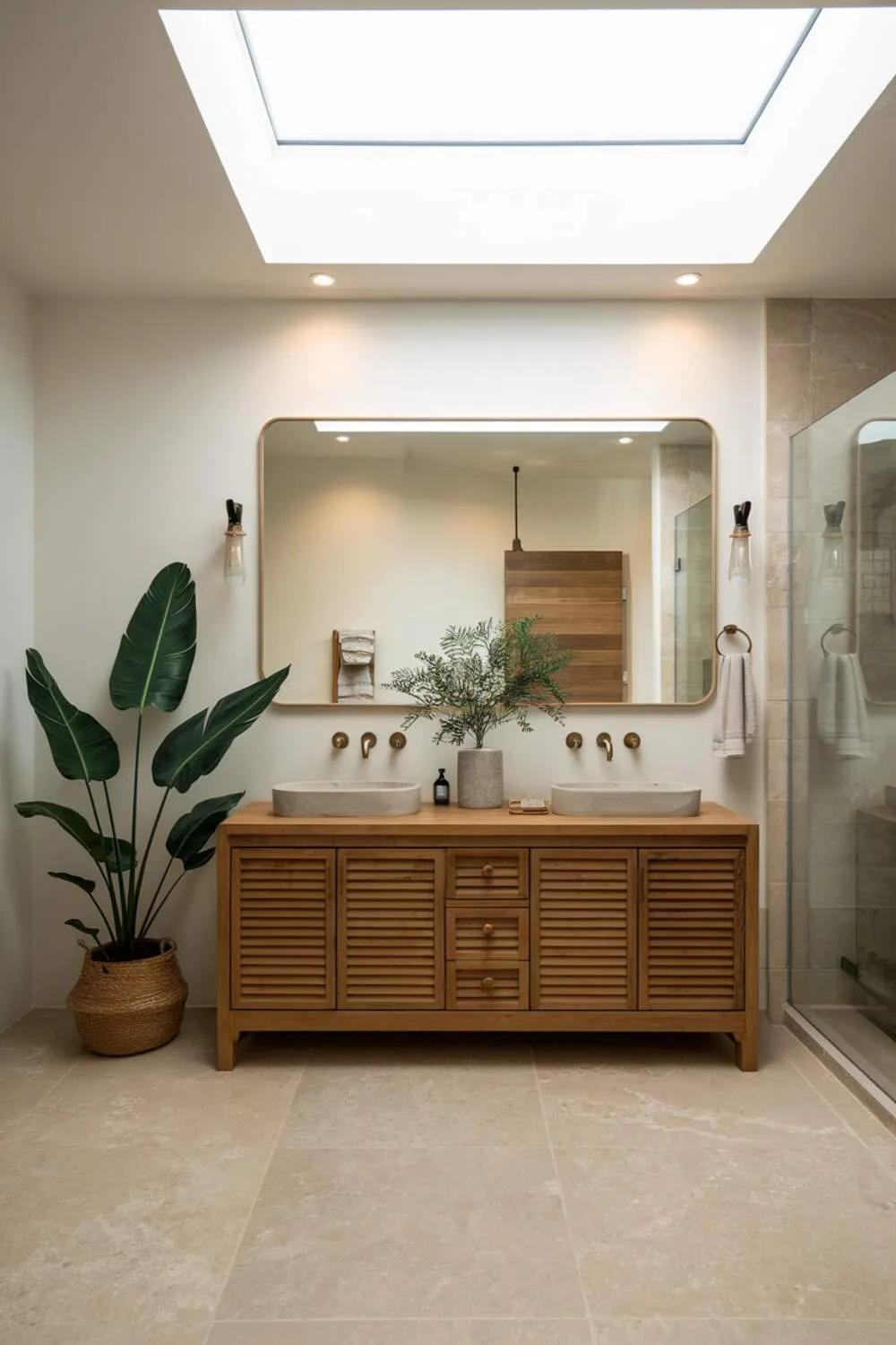 26 Stylish Organic Modern Bathroom Design Ideas 21 A bright organic modern bathroom featuring white walls, wooden dual-sink vanity, large mirror, potted plant, beige tiled floor, and natural light from a skylight.