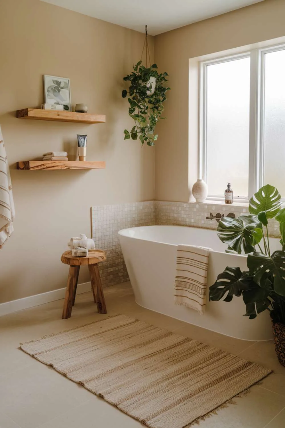 26 Stylish Organic Modern Bathroom Design Ideas 22 A cozy organic modern bathroom with a freestanding bathtub near a window, lush green plant, wooden shelf with items, large beige rug, soft beige walls, and small wooden stool near the tub.