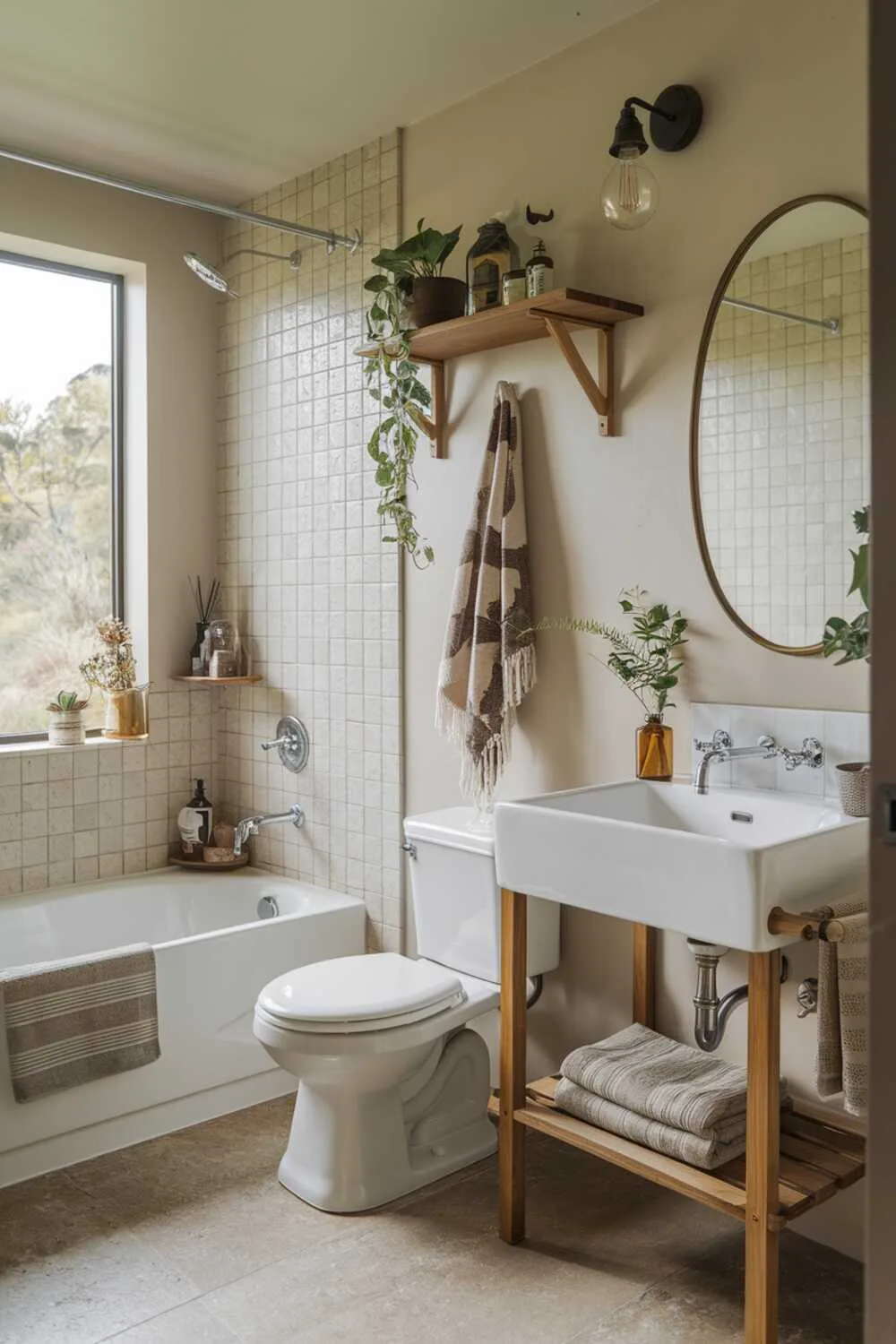 26 Stylish Organic Modern Bathroom Design Ideas 23 A complete organic modern bathroom with white bathtub, white sink with wooden base, white toilet, wooden shelf above toilet with hanging towels, beige tiled floor, plants, vintage light fixture, and window with nature view.