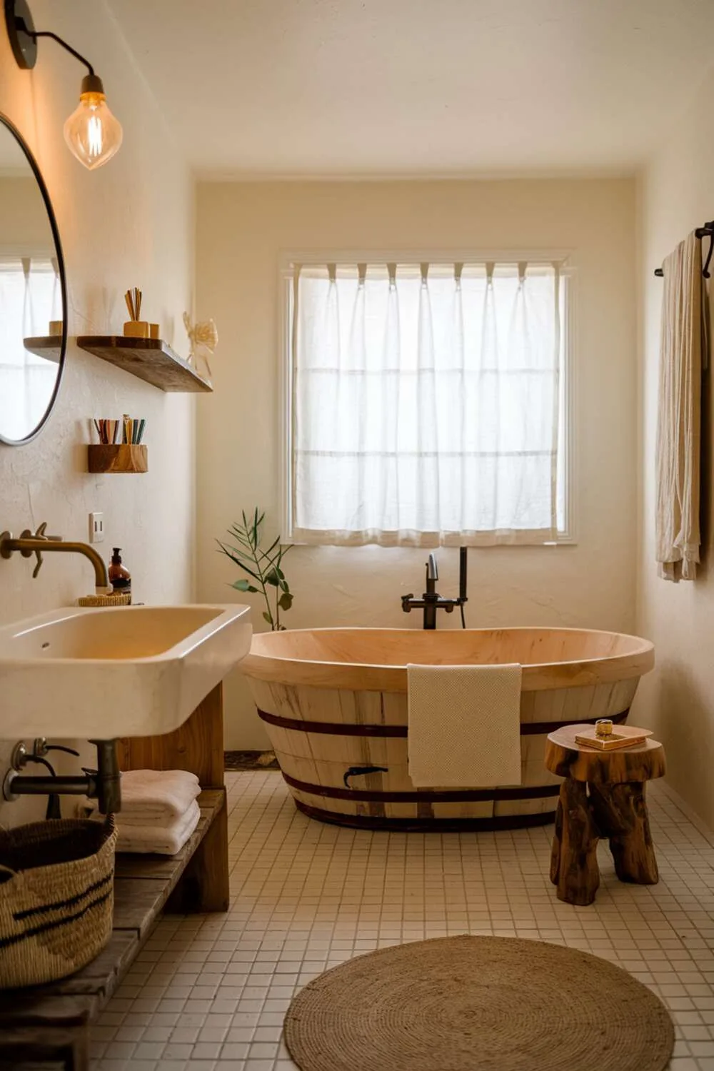 26 Stylish Organic Modern Bathroom Design Ideas 24 A textural organic modern bathroom featuring a freestanding natural material bathtub with wooden base and woven basket, wooden stool, wall-mounted sink with faucet, wooden shelf with items, white tiled floor, window with curtain, and warm lighting.