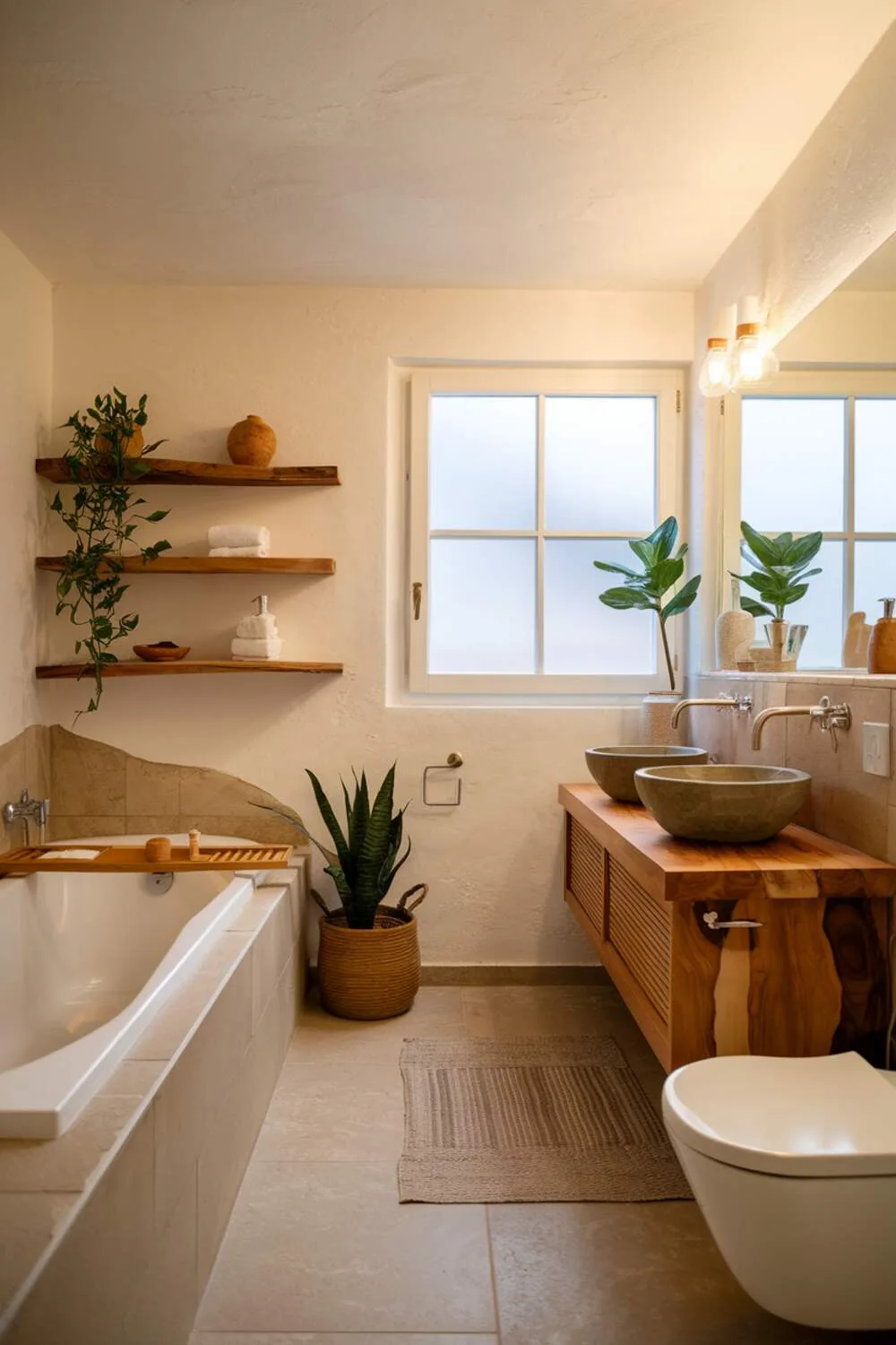 26 Stylish Organic Modern Bathroom Design Ideas 25 A sophisticated organic modern bathroom with a white bathtub, wooden dual-sink vanity, floating wooden shelf, potted plant, beige tiled floor, textured walls, frosted glass window panel, and warm lighting.