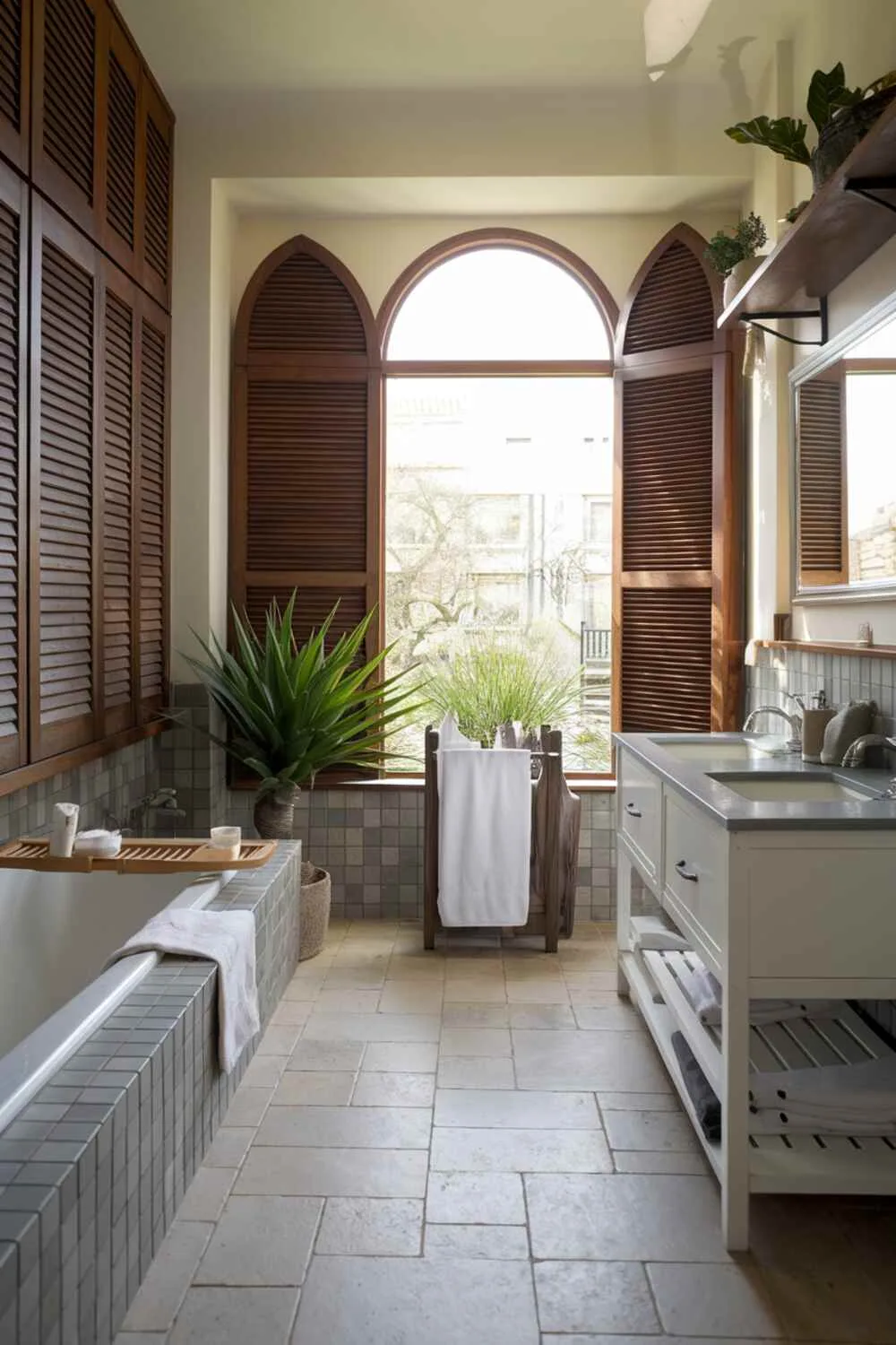 26 Stylish Organic Modern Bathroom Design Ideas 26 A bright organic modern bathroom with wooden shuttered windows, white bathtub, dual-sink white vanity, potted plant near window, beige and grey tiled floor, white towel on rack, and wooden elements including shutters and shelf.