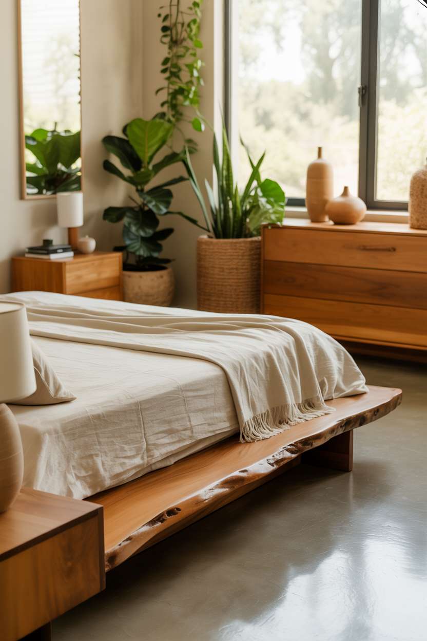 25 Inspiring Organic Modern Bedroom Decor Ideas for Rest 1 Organic modern bedroom with low-profile wooden platform bed, floating nightstands, and floor-to-ceiling windows with potted plants