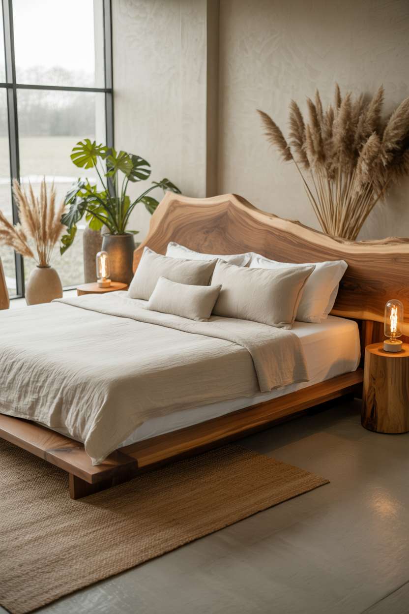 Minimalist bedroom featuring platform bed with live-edge walnut headboard, jute rugs, and monstera plants