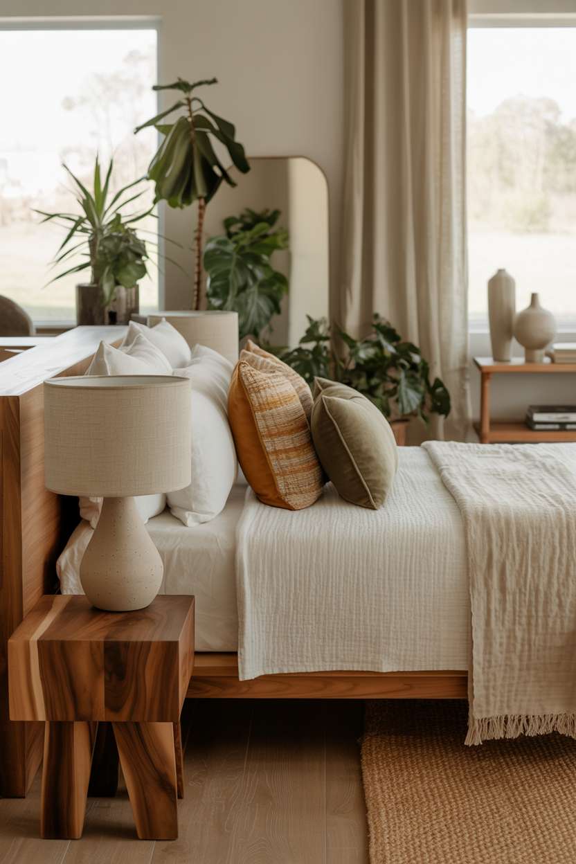 Platform bed with textured throw pillows, live-edge nightstand, and geometric mirror with linen curtains