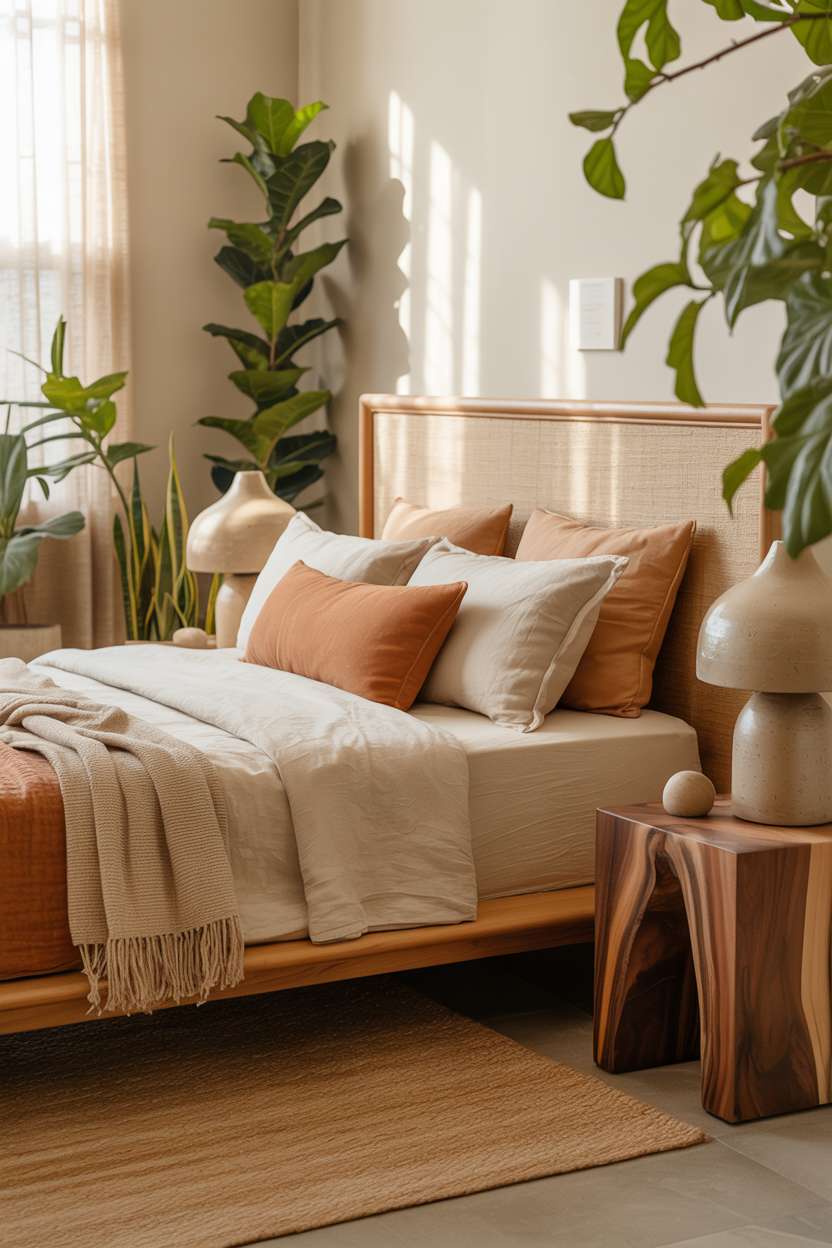 Natural linen headboard with chunky knit throw, terracotta pillows, and organic ceramic lamps