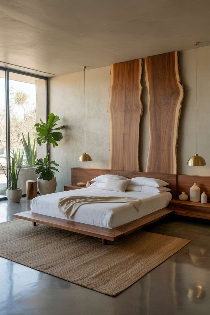 Walnut platform bed with living edge wood accent wall, floating nightstands, and brass pendant lights
