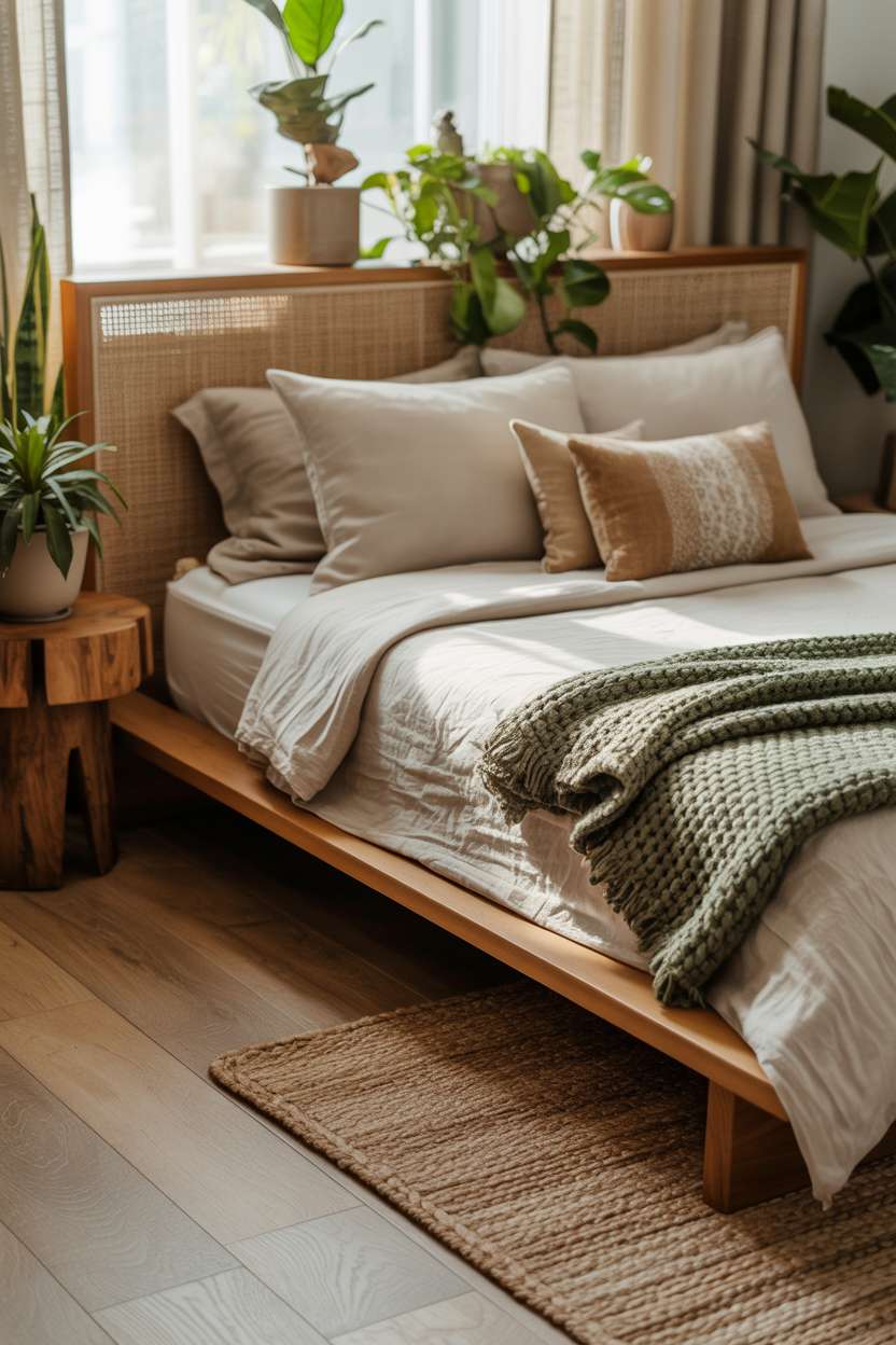 Platform bed with oak flooring, live-edge nightstand, and sheer curtains filtering natural light