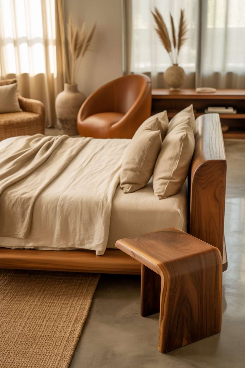 Low-profile bed with curved wooden furniture, cognac leather chair, and handwoven jute rug