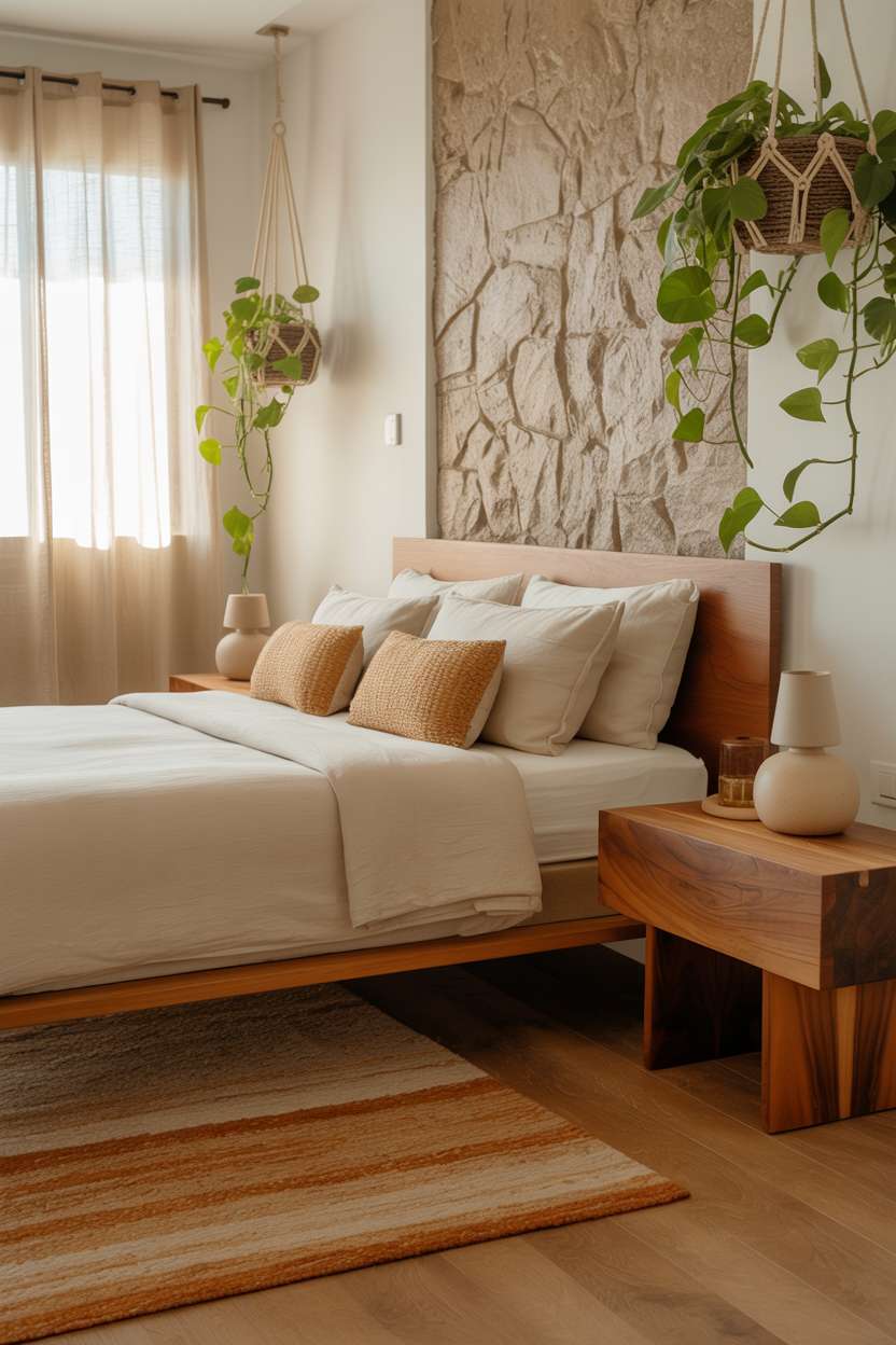 Wooden platform bed with natural stone accent wall, macrame planters, and terracotta wool rug