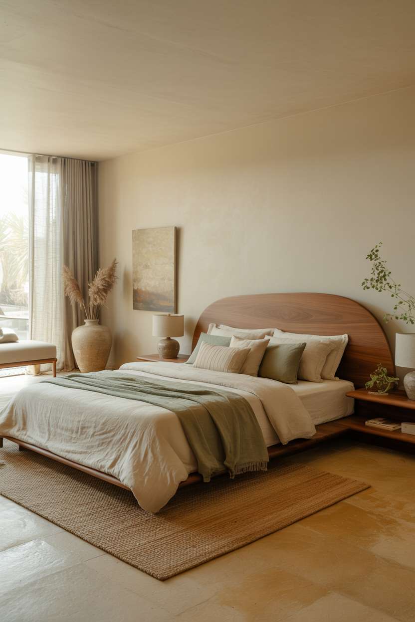 Platform bed with curved walnut headboard, abstract artwork, and dried pampas grass arrangement