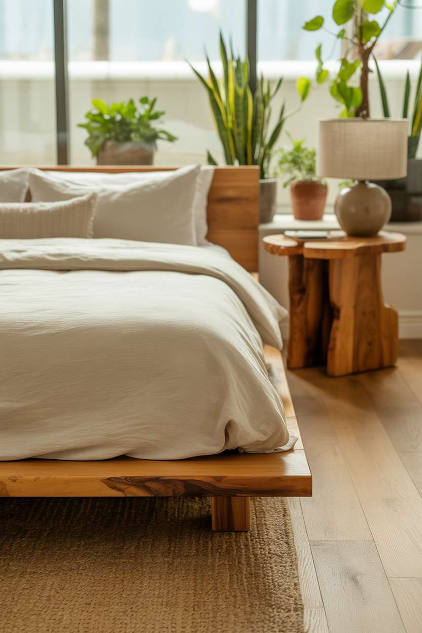 Platform bed with oak flooring, snake plants, and trailing pothos with ceramic lamps