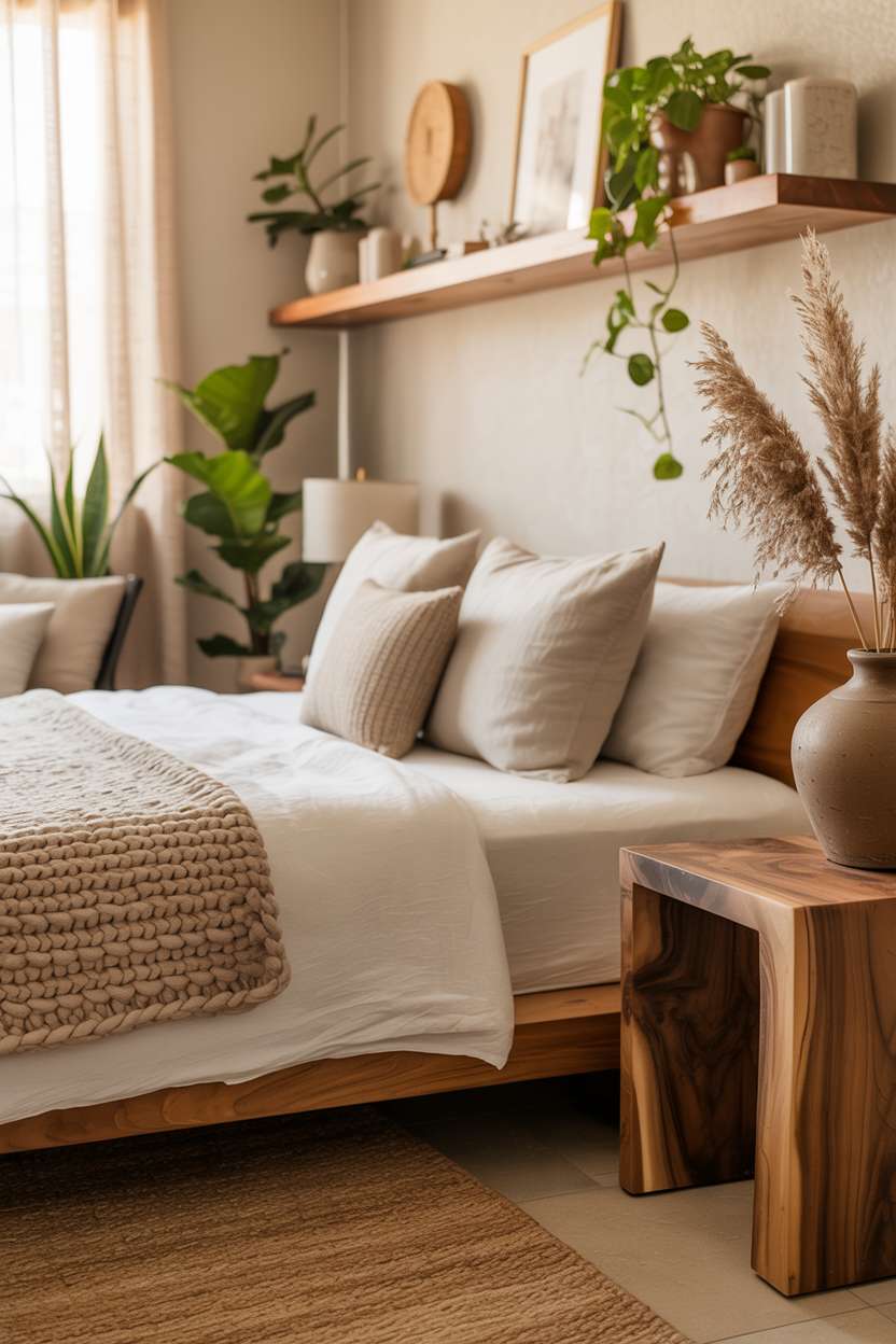 Low platform bed with chunky knit throw in oatmeal, floating shelves, and clay vase with pampas grass