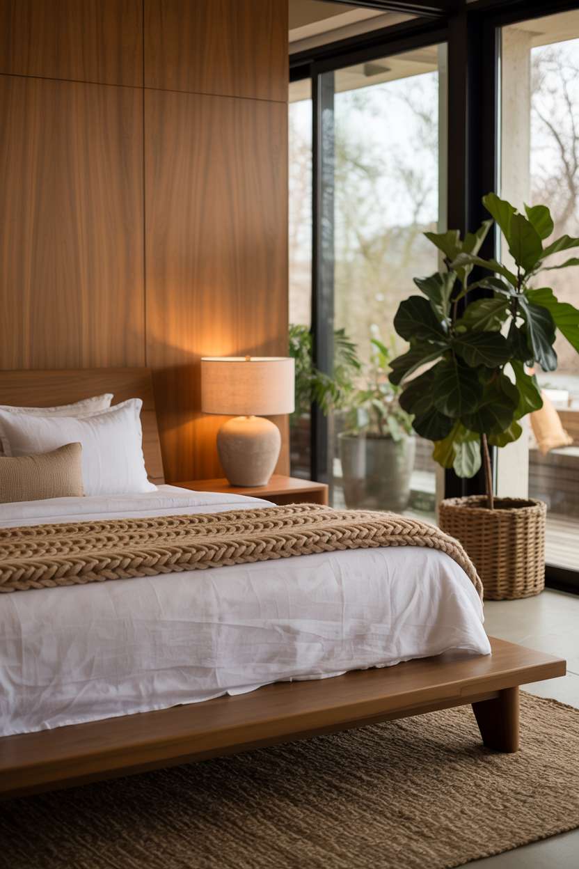 Walnut platform bed with vertical wood paneling headboard wall and oversized fiddle leaf fig