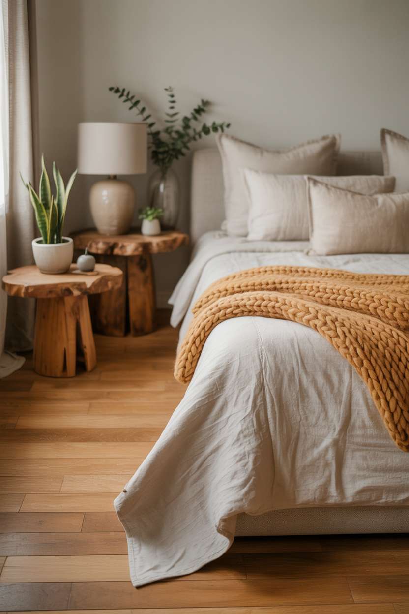 Platform bed with honey-toned hardwood floors, live-edge nightstands, and eucalyptus branches
