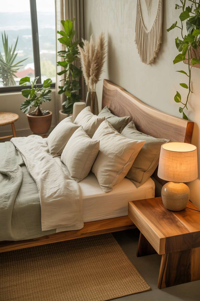 Platform bed with live-edge walnut headboard, sage green bedding, and macrame wall hanging