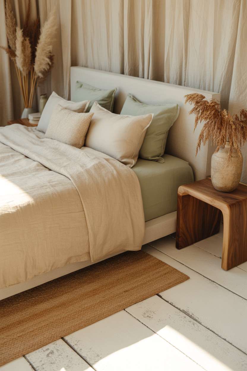 Low-profile bed with whitewashed oak floors, live-edge nightstand, and diffused natural lighting