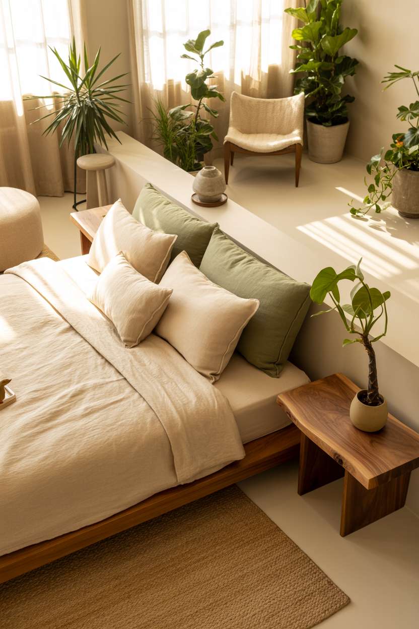 Platform bed with sage green accents, curved lounge chair reading nook, and white oak flooring