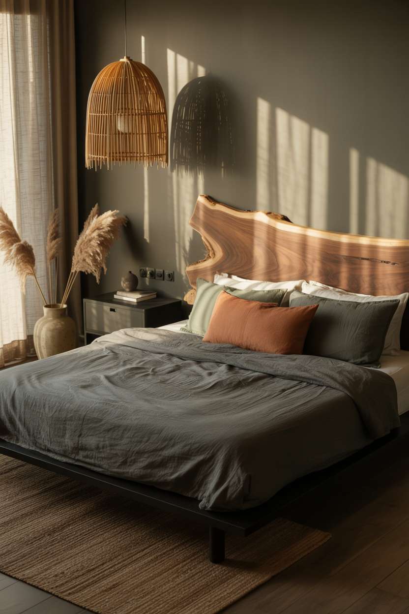 Low platform bed with charcoal linen bedding, matte black accents, and rattan pendant light
