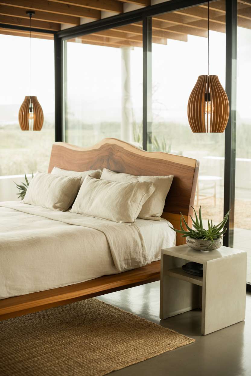 Platform bed with concrete nightstand, sculptural succulent arrangement, and exposed ceiling beams