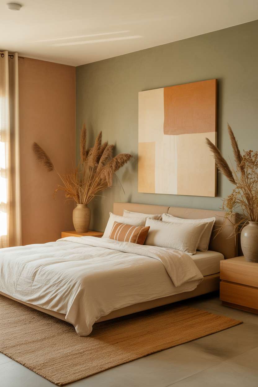 Platform bed with sage green walls, terracotta accent wall, and abstract artwork in ochre tones