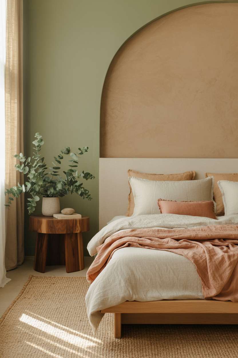 Low-profile bed with dusty rose accents, textured clay accent wall, and eucalyptus plants