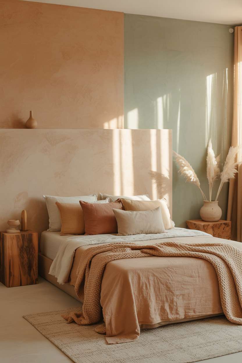 Natural linen bedding with textured plaster accent wall, raw wood nightstands, and dusty rose throw