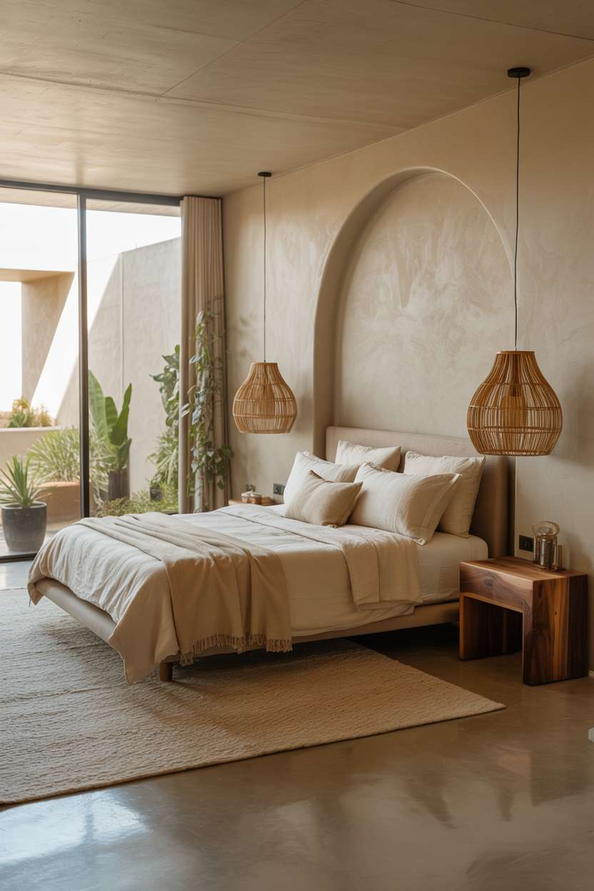 Platform bed with arched plaster headboard wall, asymmetrical rattan pendant lights, and wool rug
