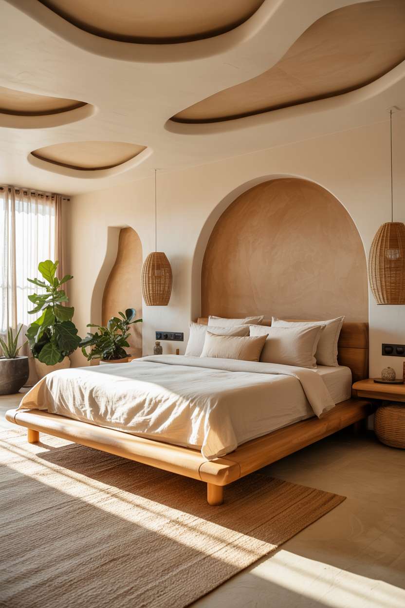 Low platform bed with arched terracotta wall, organic ceiling shapes, and large fiddle leaf fig