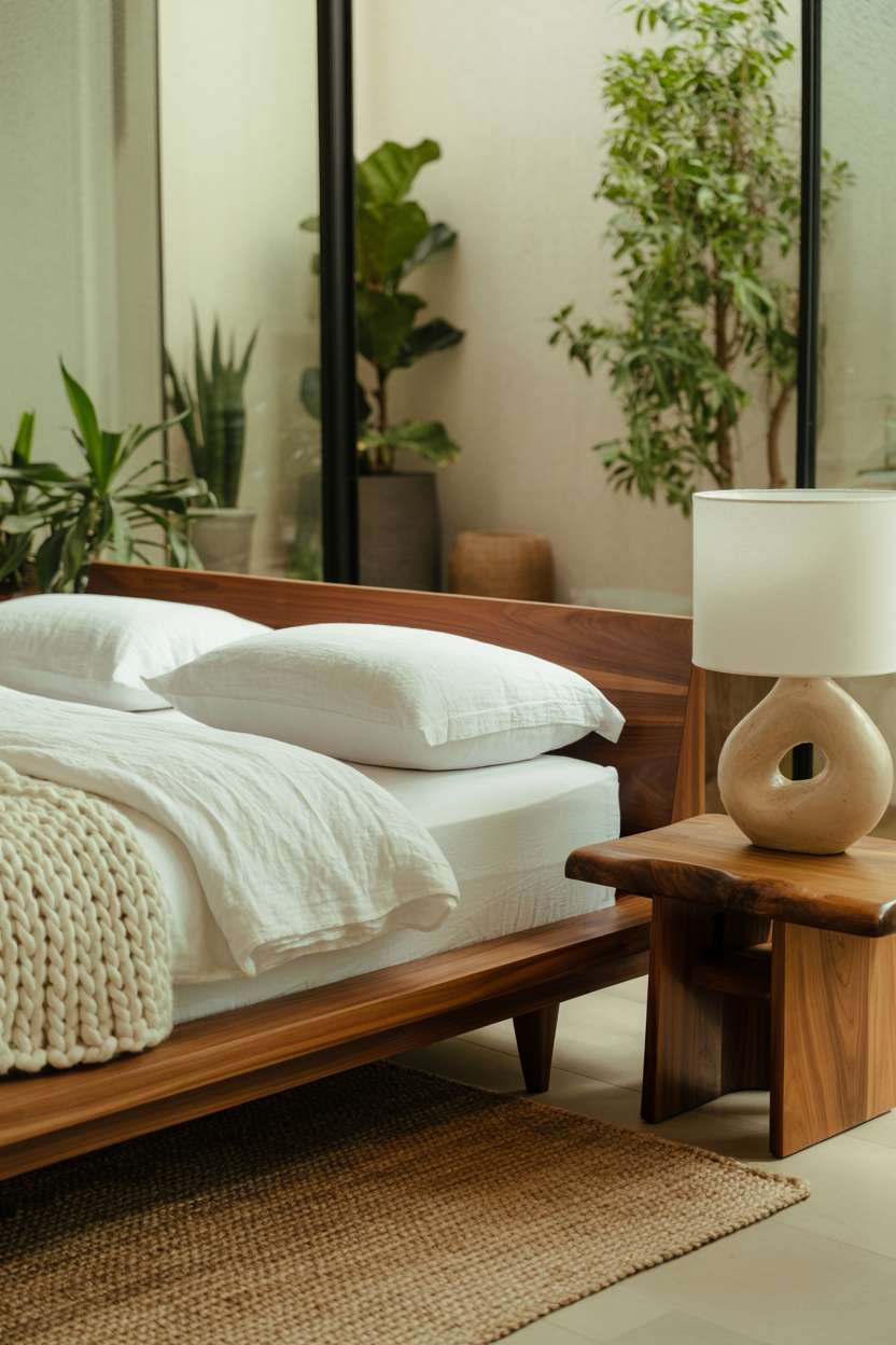 Platform bed with walnut frame, chunky knit throw, and organic ceramic lamp base