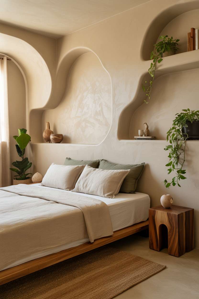 Low-profile bed with flowing built-in shelving, arched plaster headboard, and morning light filtering through curtains