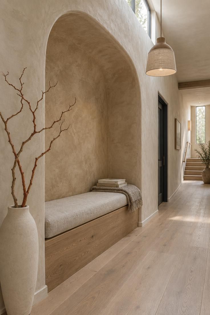10 Warm Organic Modern Hallway Ideas for Daily Calm 1 A warm sand-toned curved plaster wall niche with a built-in low oak bench seat, linen cushion, ceramic floor vase with bare branches, and a clay pendant light in a pale wood hallway.