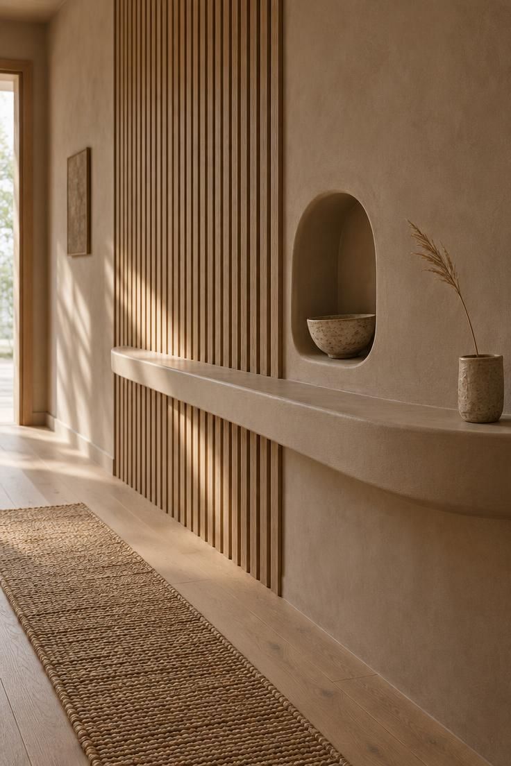 10 Warm Organic Modern Hallway Ideas for Daily Calm 2 A warm hallway wall with vertical fluted ash paneling and a curved plaster ledge holding a small ceramic bowl above pale oak flooring.