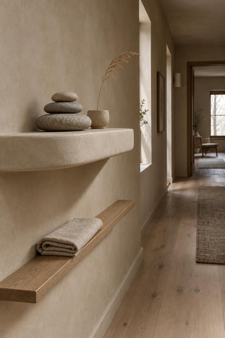 10 Warm Organic Modern Hallway Ideas for Daily Calm 3 A hallway wall with a floating plaster shelf holding a horizontal stack of three smooth river stones and a folded linen cloth.