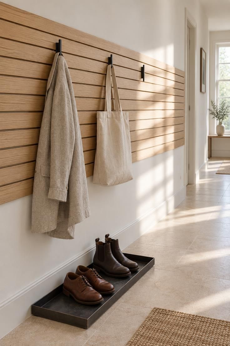 10 Warm Organic Modern Hallway Ideas for Daily Calm 4 A pale oak horizontal slat wall in a hallway with three matte black hooks holding a linen coat and a canvas tote, a boot tray below, and bright midday light across the wood.