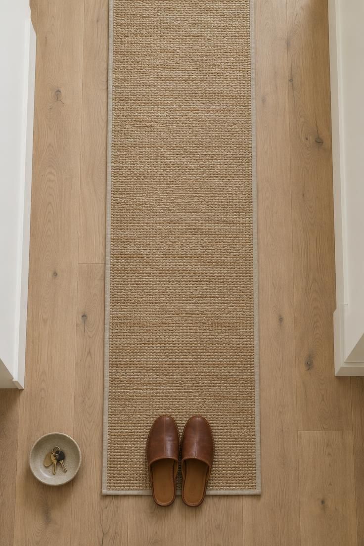 10 Warm Organic Modern Hallway Ideas for Daily Calm 5 An overhead view of a pale wide-plank oak floor with a flatweave jute runner centered in a hallway, bare floor visible on both sides and leather slippers at the edge.