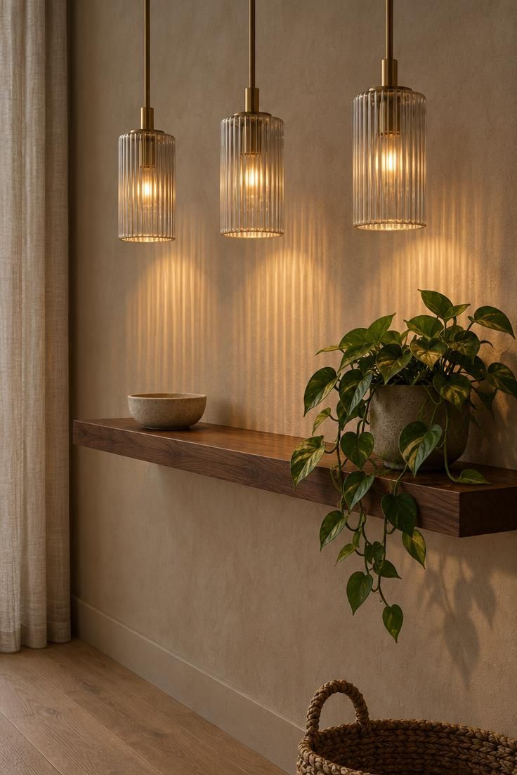 10 Warm Organic Modern Hallway Ideas for Daily Calm 6 Three reeded glass pendants glowing above a floating walnut shelf in a hallway, with a ceramic bowl and trailing plant on the shelf against a pale clay wall.