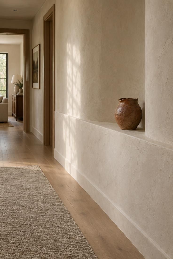 10 Warm Organic Modern Hallway Ideas for Daily Calm 7 A hallway with warm ivory plaster walls and a built-in plaster ledge holding an off-center rust-glazed clay vessel, lit by soft window light from the left.
